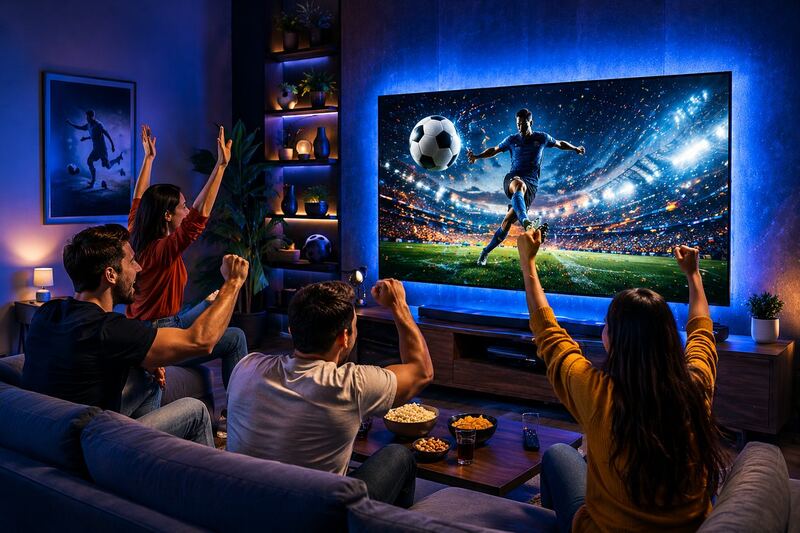 Family cheering and watching premium UK IPTV sports on a large 8K TV - 8kiptvukprovider.com
