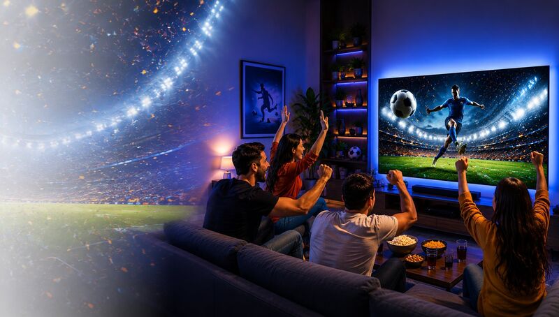 Family cheering and watching premium UK IPTV sports on a large 8K TV - 8kiptvukprovider.com