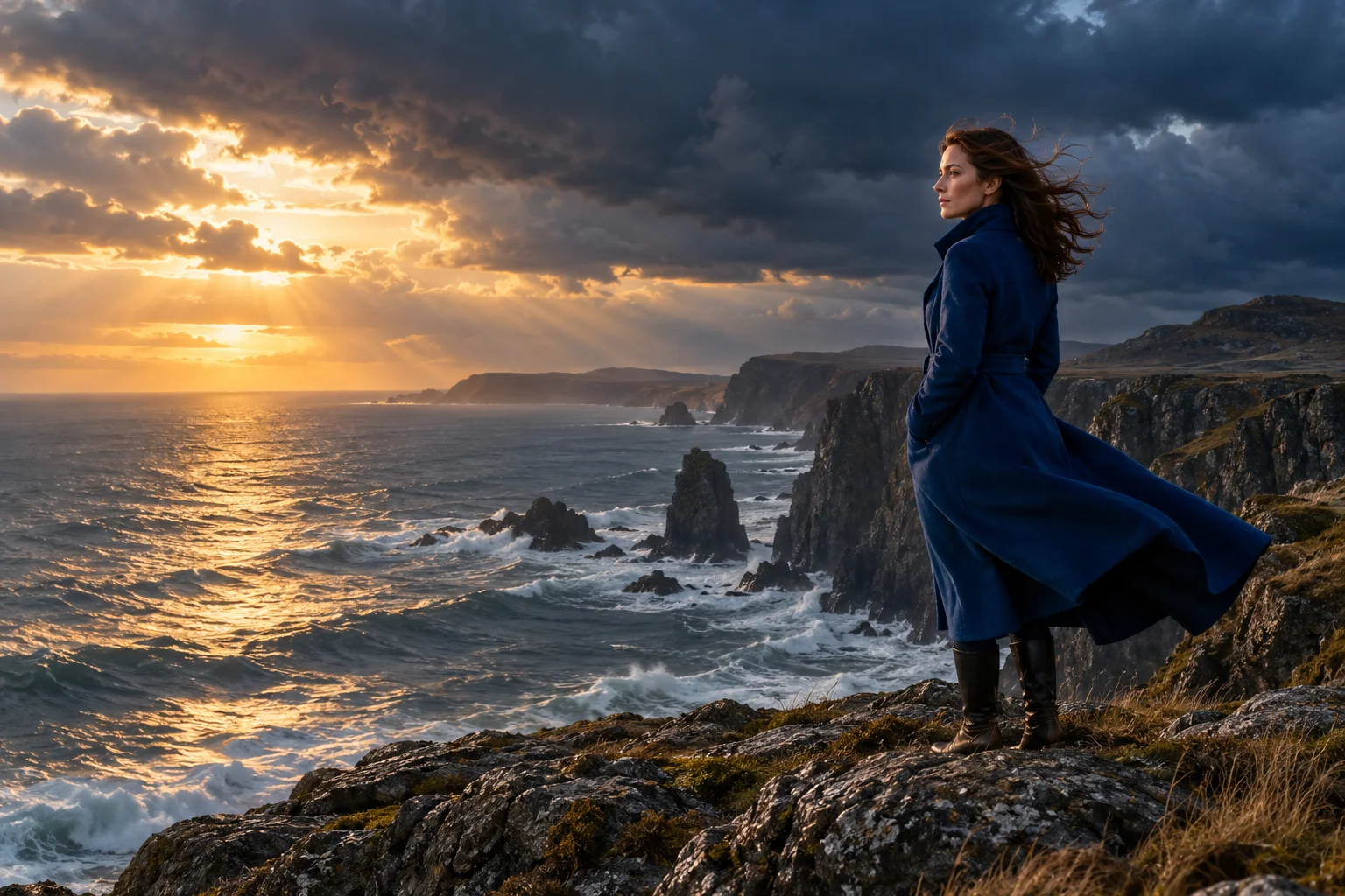 Woman overlooking a rocky coastline at sunset